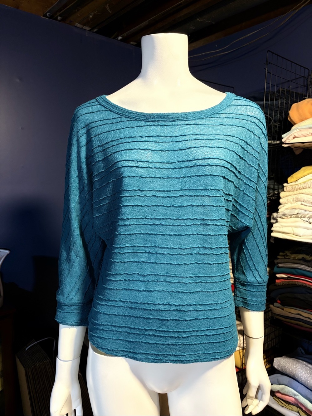 Xhilaration Teal Scoop Neck Ripple Long Banded Sleeve Knit Sweater Size M  EUC
